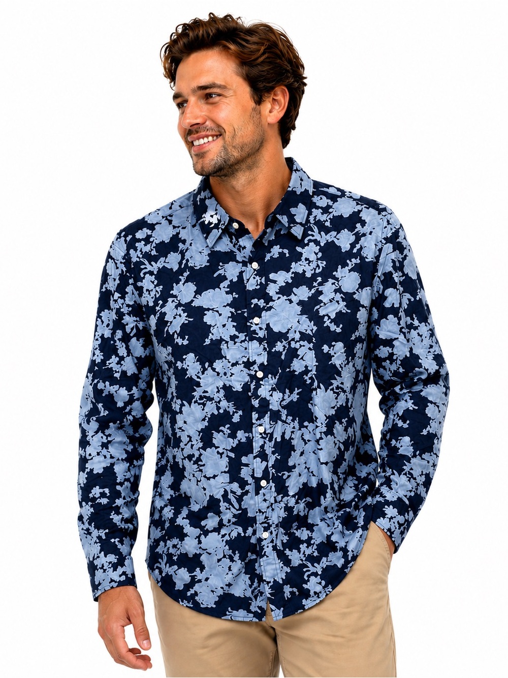 NWT Michael Kors Navy and Light Blue Floral Button-Up Shirt